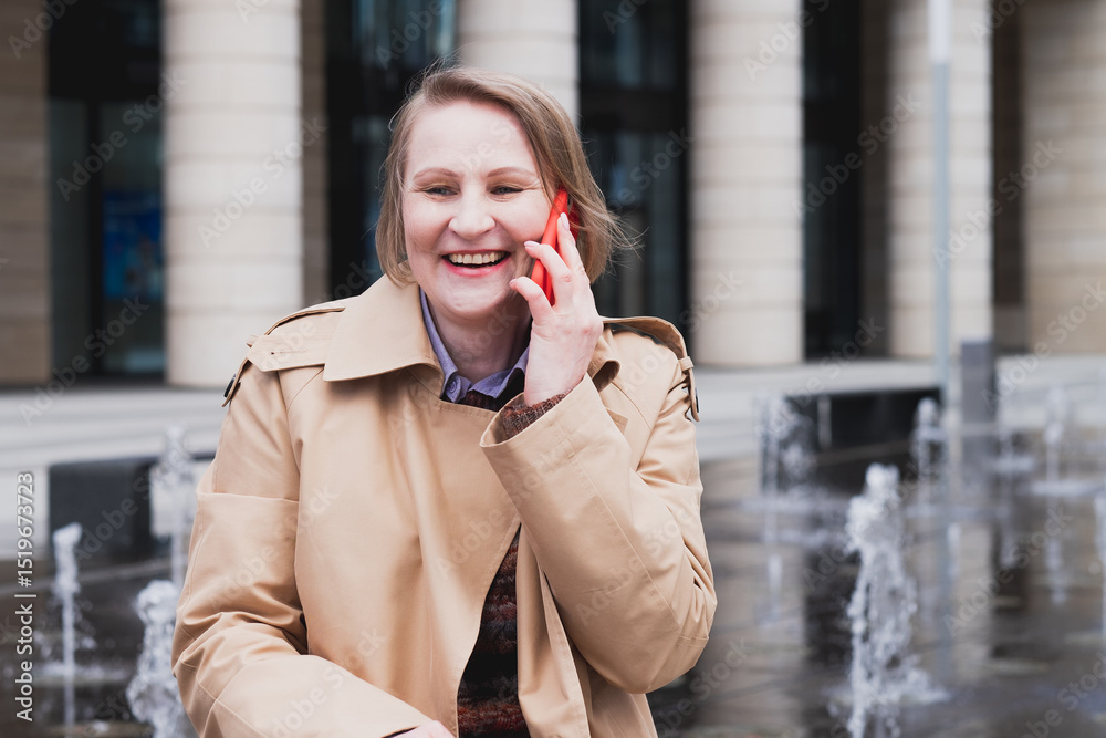 Fototapeta premium A fifty-year-old smiling woman talks on her mobile phone next to a fountain in the city in autumn.