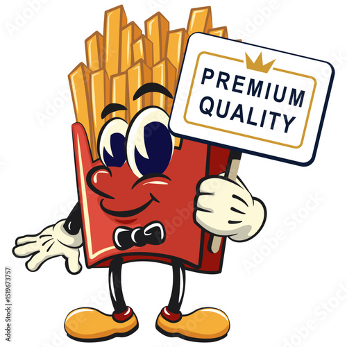funny french fries cartoon mascot with a sign that says premium quality, fast food vector character isolated on white, work of hand drawn