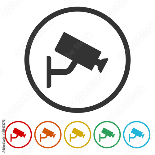 Security camera icon. Set icons in color circle buttons