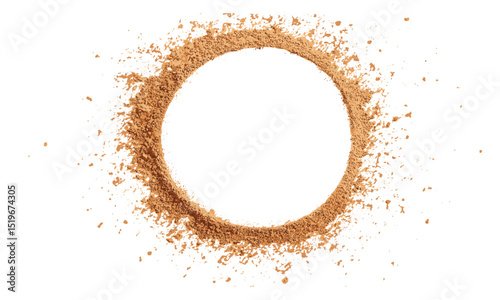 Powder in shape of circle isolated on white background, milled nutmeg frame, texture, spice powder, nutmeg circle, vector illustration, organic spice powder, spice art.