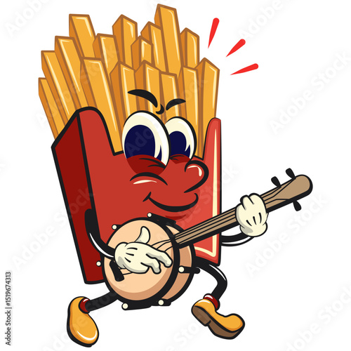 funny french fries cartoon mascot playing the banjo musical instrument, fast food vector character isolated on white, work of hand drawn