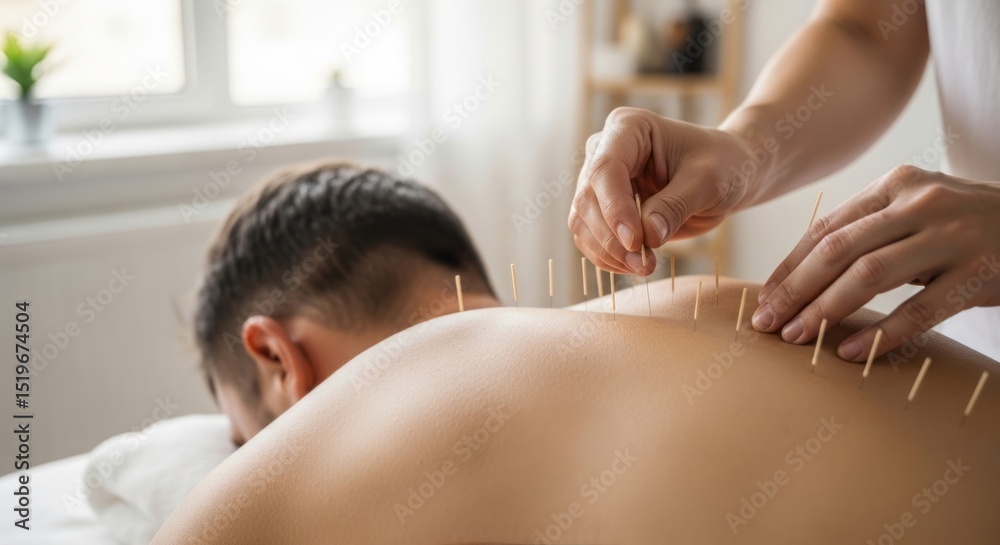 Obraz premium Acupuncture treatment being performed on a patient's back for pain relief