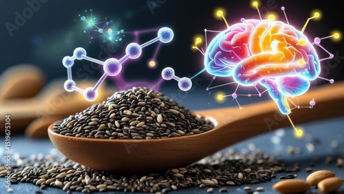Close-up of chia seeds in a wooden spoon with molecular overlays of tryptophan and serotonin. A glowing brain in the background symbolizes mood support and serotonin production.