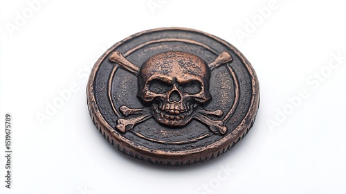 Round, bronze-colored coin with a skull and crossbones design