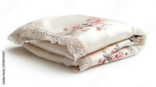 Folded, cream-colored silk blanket with delicate floral embroidery and lace trim, isolated on white background
