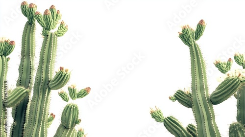 Close-up of several tall, ribbed, green cacti with flower buds against a white background
