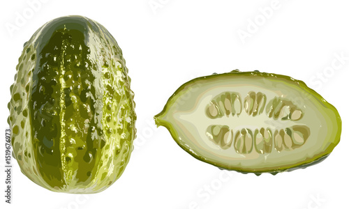 Pickled cucumber whole and half, isolated on white background, clipping path, vector illustration, fresh food, healthy snack, preserved vegetables, cucumber jar, culinary ingredients, kitchen decor.