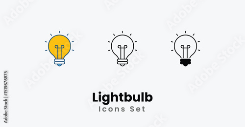 Lightbulb Icons thin line, Black Glyph, Colored Line vector icon stock illustration