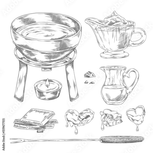 Monochrome sketch of a set with a fondue pot, fork, chocolate, milk jug, and fruit pieces.