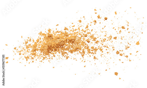 Crumbs flying pile isolated on white, vector illustration, food debris, biscuit crumbs, crumbs in air, crunchy texture, snack explosion, isolated crumbs, baking mess, kitchen food.