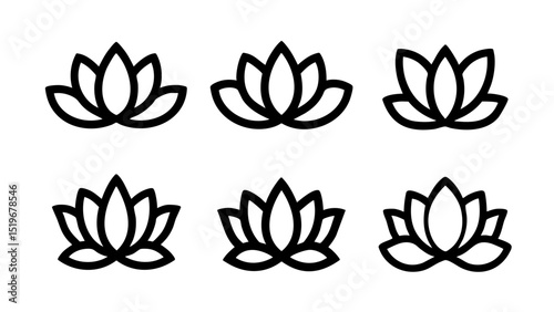 black lotus symbol yoga flower icon vector minimal spiritual clipart outline set