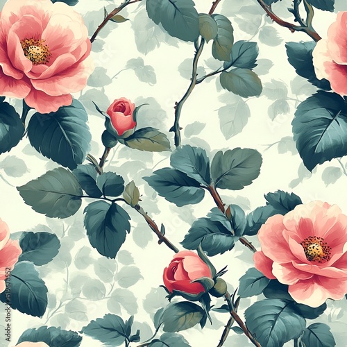 Pink Roses and Green Leaves Wallpaper or Seamless Pattern. Generative AI