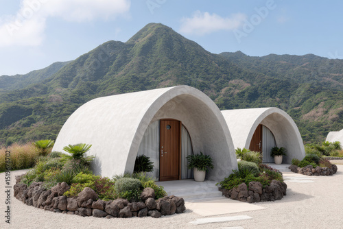 serene eco hotel made of modern capsule houses surrounded by lush greenery and natural textures