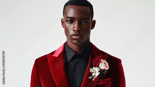 Man in a deep red velvet suit,  with a small floral boutonniere