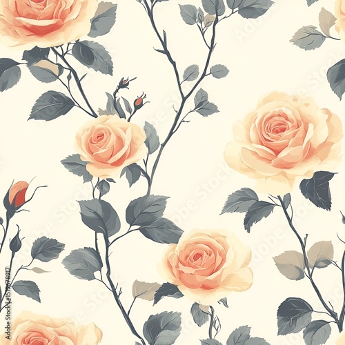 Pink Roses and Green Leaves Wallpaper or Seamless Pattern. Generative AI