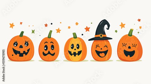 Pumpkin Patch Pals: A cute Halloween vector collection illustrating six cartoon pumpkins in various cute expressions including a grinning jack-o’-lantern