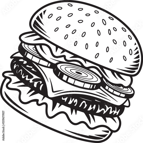 Juicy Delicious Burger Illustration  A Classic American Style Hamburger Drawing
