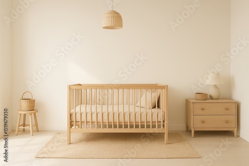 Bright nursery with wooden crib, woven lampshade and beige furniture on natural rug, minimalist interior and lifestyle