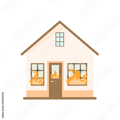 House engulfed in fire. Beautiful house with flames from the windows. Fire in the house. Burnt building.