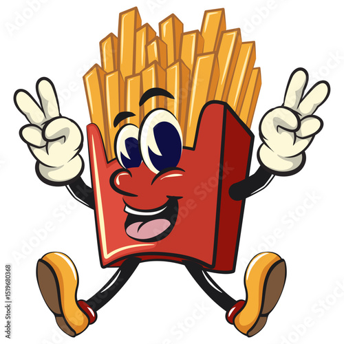 funny french fries cartoon mascot with big smile raising two hands in peace sign while jumping happily, fast food vector character isolated on white, work of hand drawn