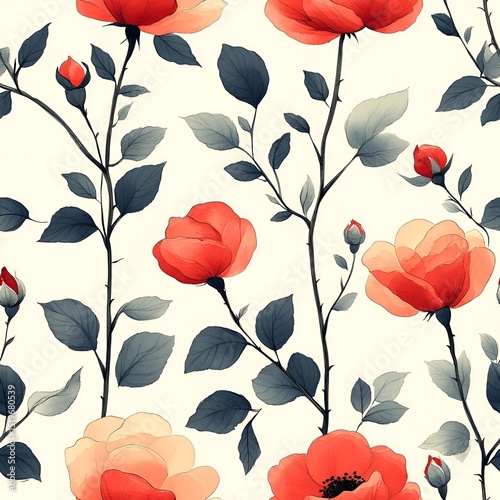 Pink Roses and Green Leaves Wallpaper or Seamless Pattern. Generative AI