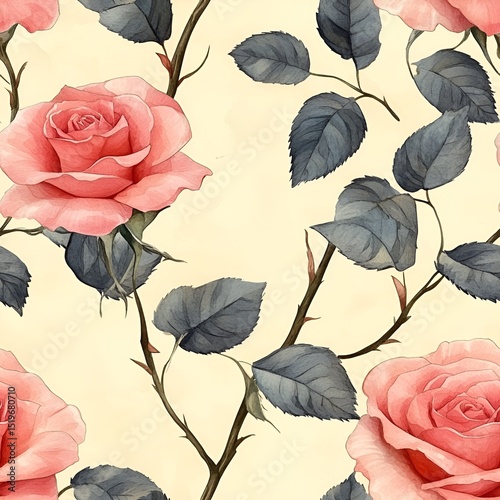 Pink Roses and Green Leaves Wallpaper or Seamless Pattern. Generative AI