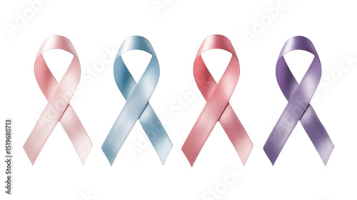 Pink, blue, coral and violet awareness ribbons on a transparent background, symbolizing support for various health conditions and social issues