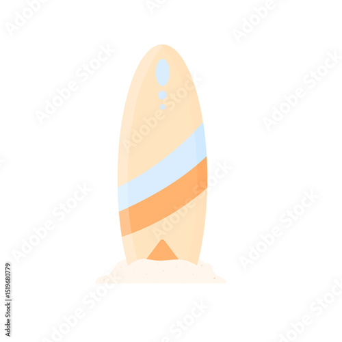 Surfboard in the sand. A beautiful surfboard stands on the shore in the sand.