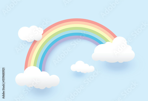 Minimal Rainbow and Cloud Illustration on Pastel Blue Sky, vector design.