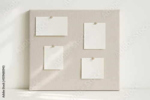 Beige linen pinboard with four handwritten notes under soft natural light, minimalist interior and lifestyle