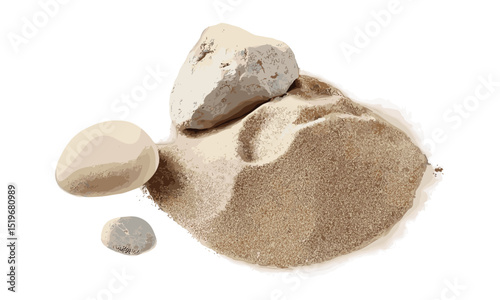 Desert sand pile with stones isolated on white, top view, vector illustration, dry landscape, sand texture, nature rocks, desert terrain, rock pile, environment, nature elements.