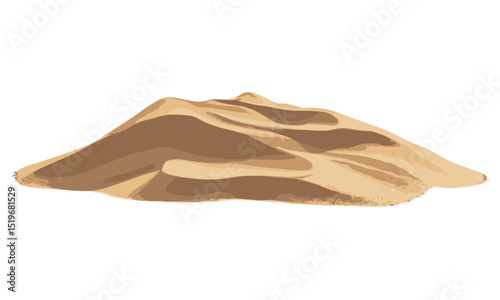 Pile desert sand dune isolated on white background, vector illustration, sand texture, arid environment, dry desert, nature landscape, sandy terrain, cutout image.