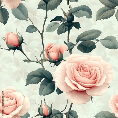 Pink Roses and Green Leaves Wallpaper or Seamless Pattern. Generative AI