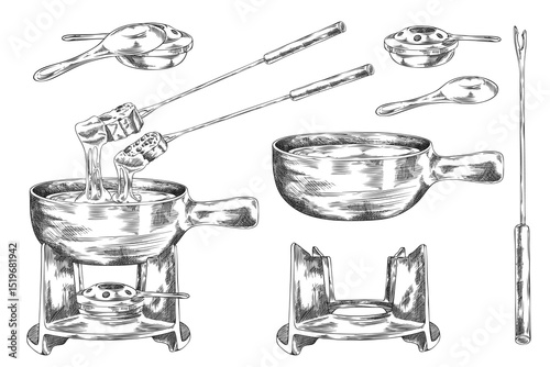 Cheese fondue engraved sketch vector set, melted cheese with bread slice on skewer, fondue bowl and cooking utensil