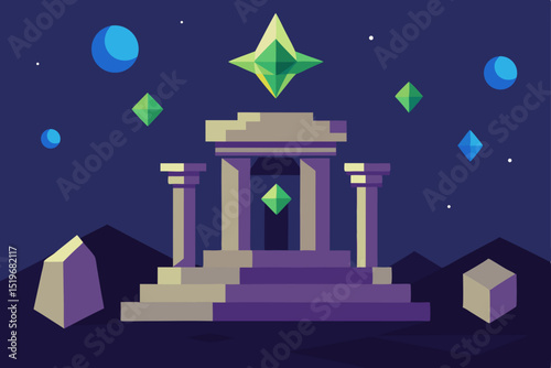 Celestial Temple A Mystical Night Scene with Glowing Gems and Stars
