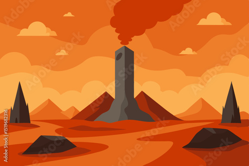 Volcanic Landscape A Smokestacks Towering Over Fiery Desert