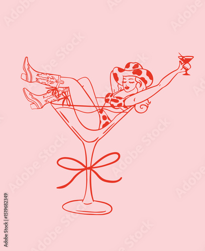 Cowgirl in martini cocktail illustration. Whimsical celebration icon.	