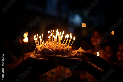 Hands holding a cake with lit candles in a dimly lit environment