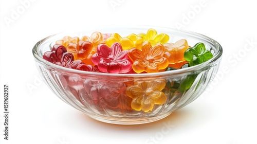 Colorful gummy flower candies in a clear glass bowl
