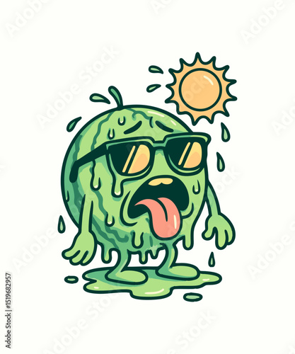 Funny cartoon illustration of a watermelon character sweating and melting under the hot sun. Wearing sunglasses, sticking out its tongue, and dripping juice, this humorous summer themed