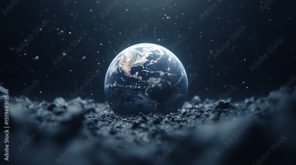 Fototapeta premium The Earth floats in space, surrounded by stars and cosmic dust, evoking a sense of wonder and fragility.