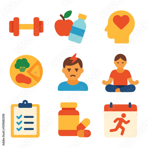 nine health wellnes icons. include physical fitness, healthy lifestyle, mental health, balanced diet, stress management, mindfulness meditation, wellness programs, nutritional supplements, and more.