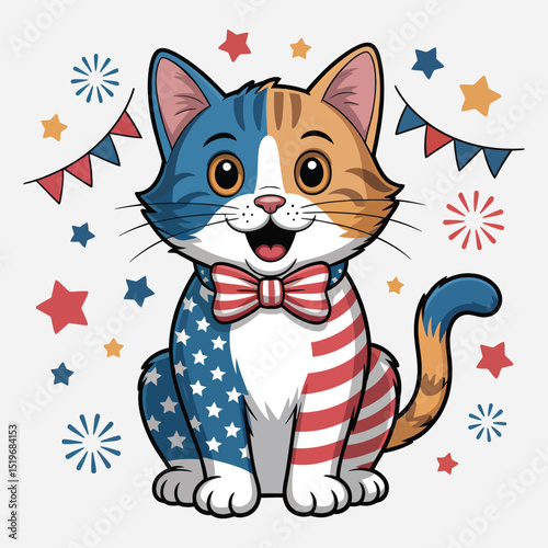 Patriotic cat cartoon illustration for fourth of july