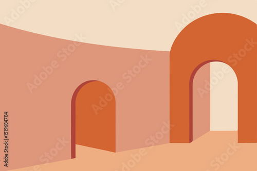 Abstract Architectural Illustration  Curved Walls and Archways in Warm Hues