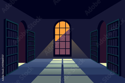 Mysterious Library Interior Nighttime Ambiance, Bookshelves, and Arch Window