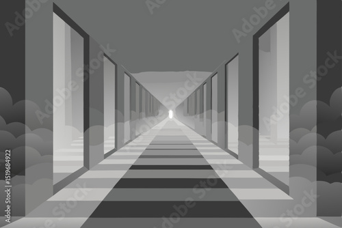 Modern empty 3D render of a white building corridor with columns, featuring a contemporary architectural design