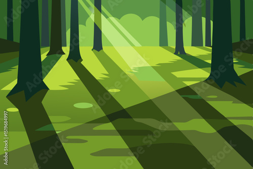 Green trees in a summer park with a clear blue sky, a sunlit meadow, and a distant city horizon make for a vibrant nature landscape illustration