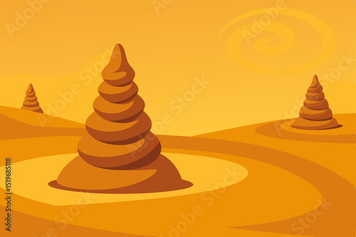 Colorful vector illustration of a pyramid in a desert landscape at sunset, with a vibrant orange and yellow sky