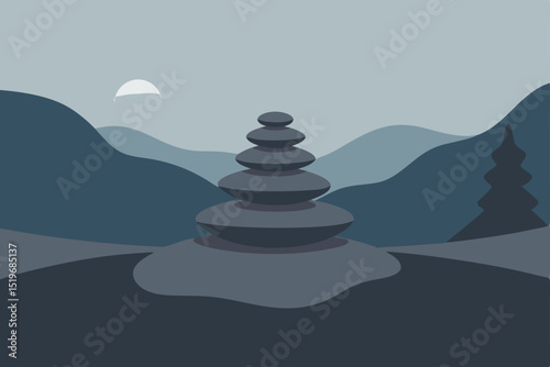 Cairn of zen stones balancing serenely on a beach, a natural abstract tower of relaxation and harmony