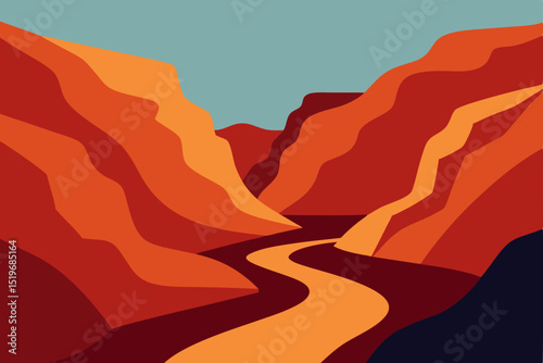 Abstract vector landscape of Red Rock Canyon at sunset, with silhouetted mountains and desert trees under an orange sky